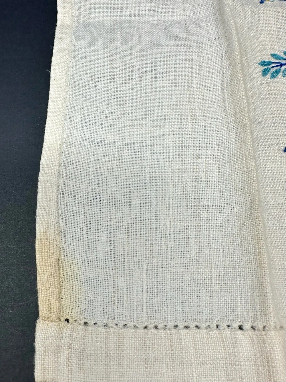 Vintage Linen Beige Hand Blue Embroidered Napkins A4
